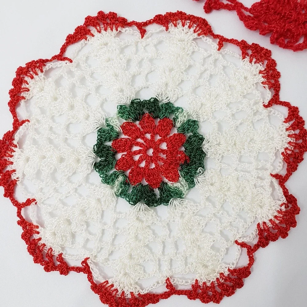Vintage Crochet Doilies Red White Green 7 Inches Set Of 5